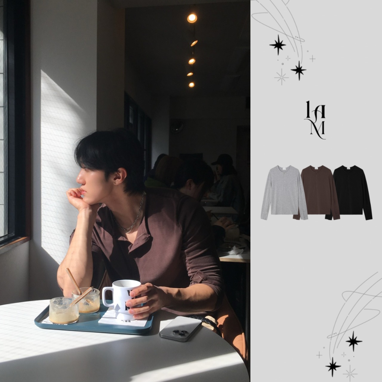 【Muscle Fit】Slim Henley Neck Long Sleeve Shirt - 1