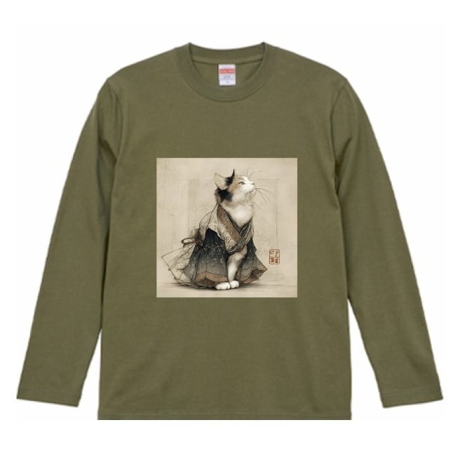 みやびな着物三毛猫 長袖Tシャツ  / Elegant kimono calico cat Long Sleeve T-Shirt