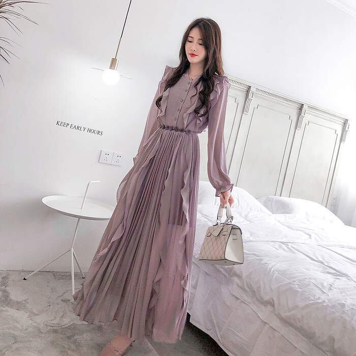 cest-X0023) 女性の服 Vネック シフォン 長袖 パープル ロング