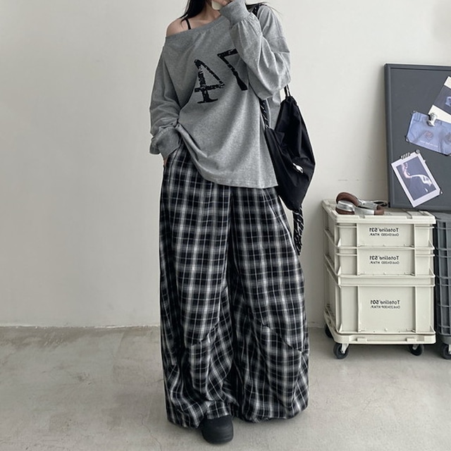 3d wide check pants 10838