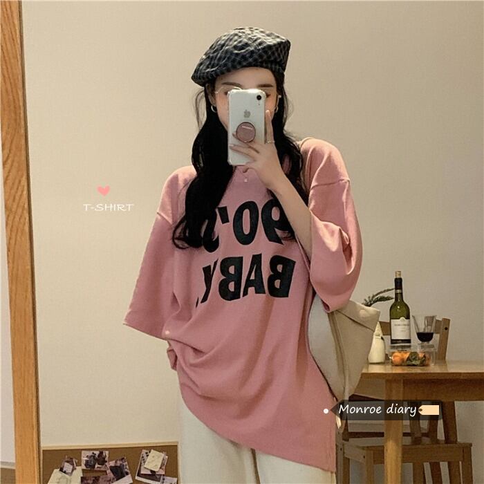 Tシャツ シャツ ルーズサマーロングトップス ピンク 夏物 モンロー61725890263