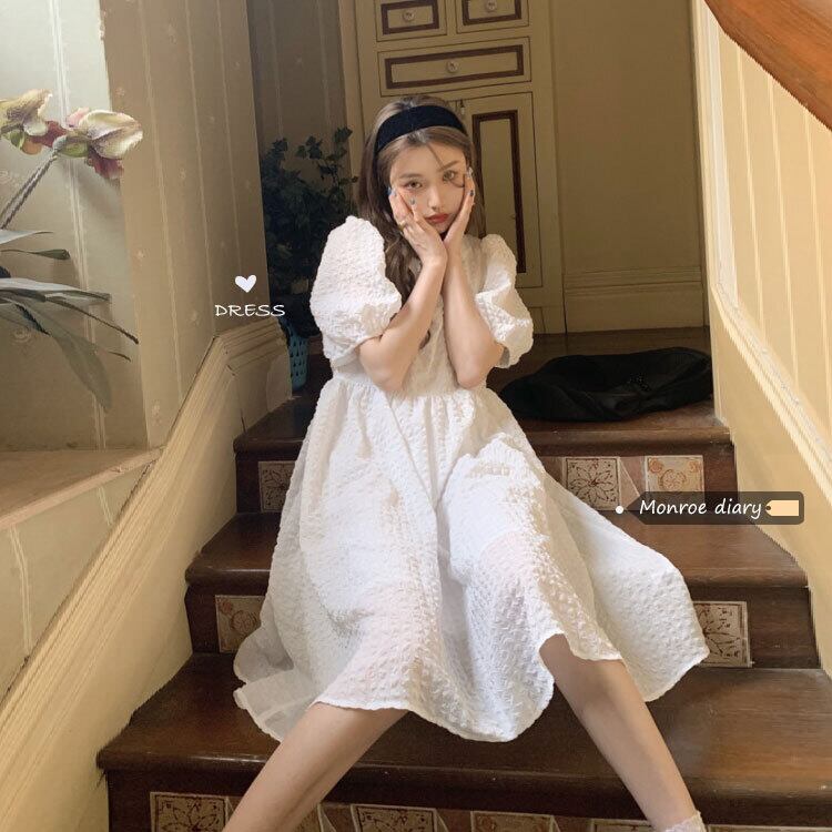 ホワイトスリーブドレス サマーウェストAラインロングスカート 大人ガーリー スウィート キュート カジュアル 夏物 スクウェア モンロー7892648646