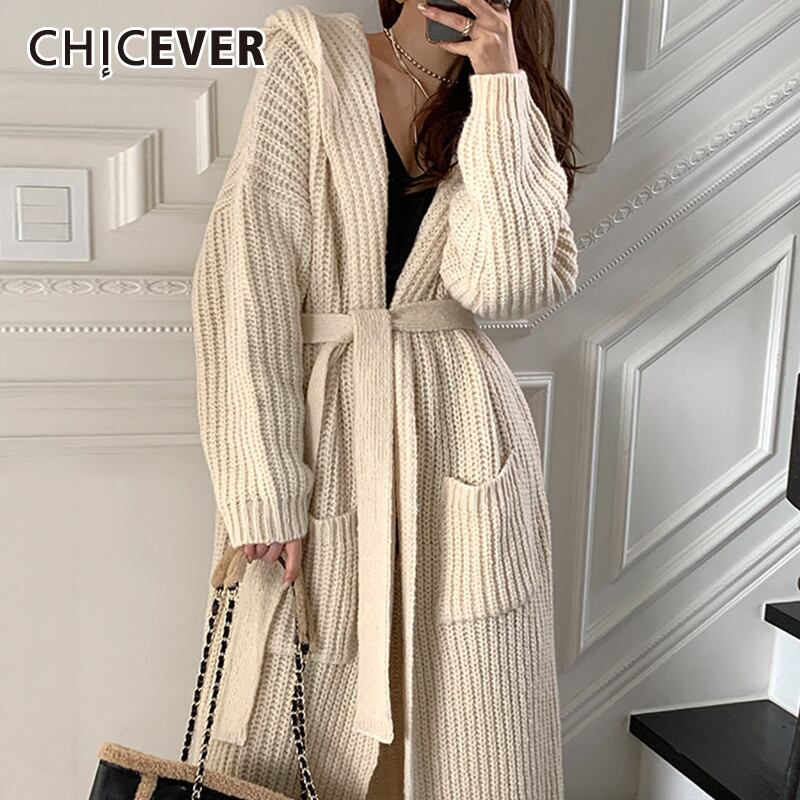 CHICEVERベージュセーター女性フード付き襟長袖パッチワークレースアップ特大ニットカーディガン2020タイド ロング 6base510914342728