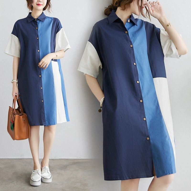 TRICOLOR STITCH DESIGN HALF SLEEVES MINI SHIRT DRESS 1color M-14130