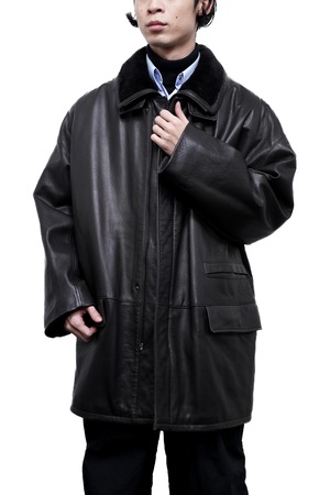 90's "SERAPHIN" Fly-front Deer Skin Leather Half Coat with Detachable Boa Collar