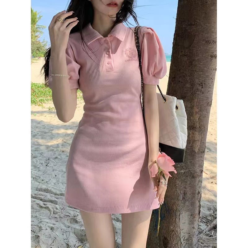 【新作】【送料無料】 ショートスイートプリンセスデザインポロカラードレスレディースウエスト痩身フレンチパフ半袖Tシャツスカート 0260727848260