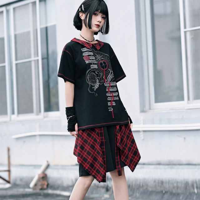 中華ゴシック 赤チェック襟フェイクレイヤード半袖Tシャツ 参戦服