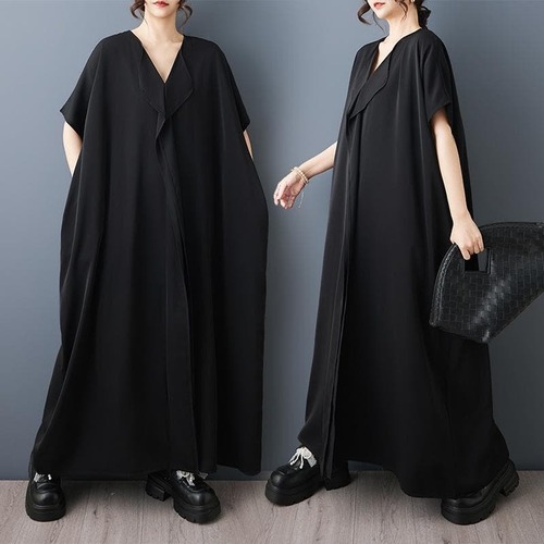 大きいサイズ 新品 黒ロングワンピース レディース ゆったり 体型カバー 無地 シンプル 夏 ロング丈 オーバーサイズ モード系 着回し 着痩せ カジュアル 上品 夏コーデ