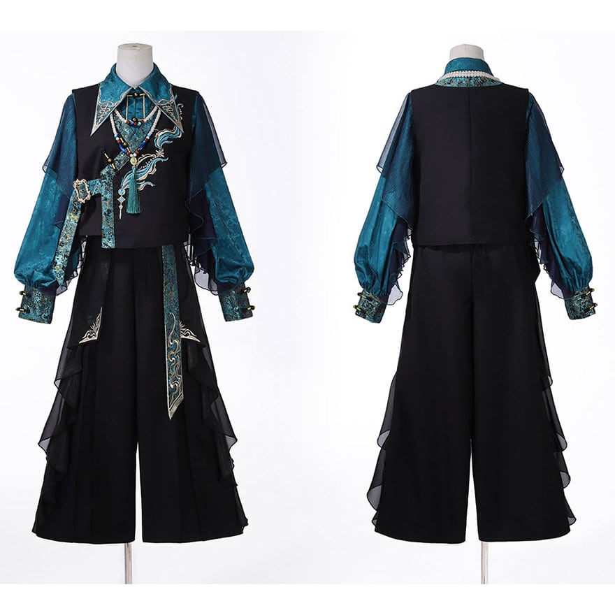 サブカル系 中華ロリィタ セットアップ バルモア襟シャツ ターコイズ ワイドパンツ 4点セット