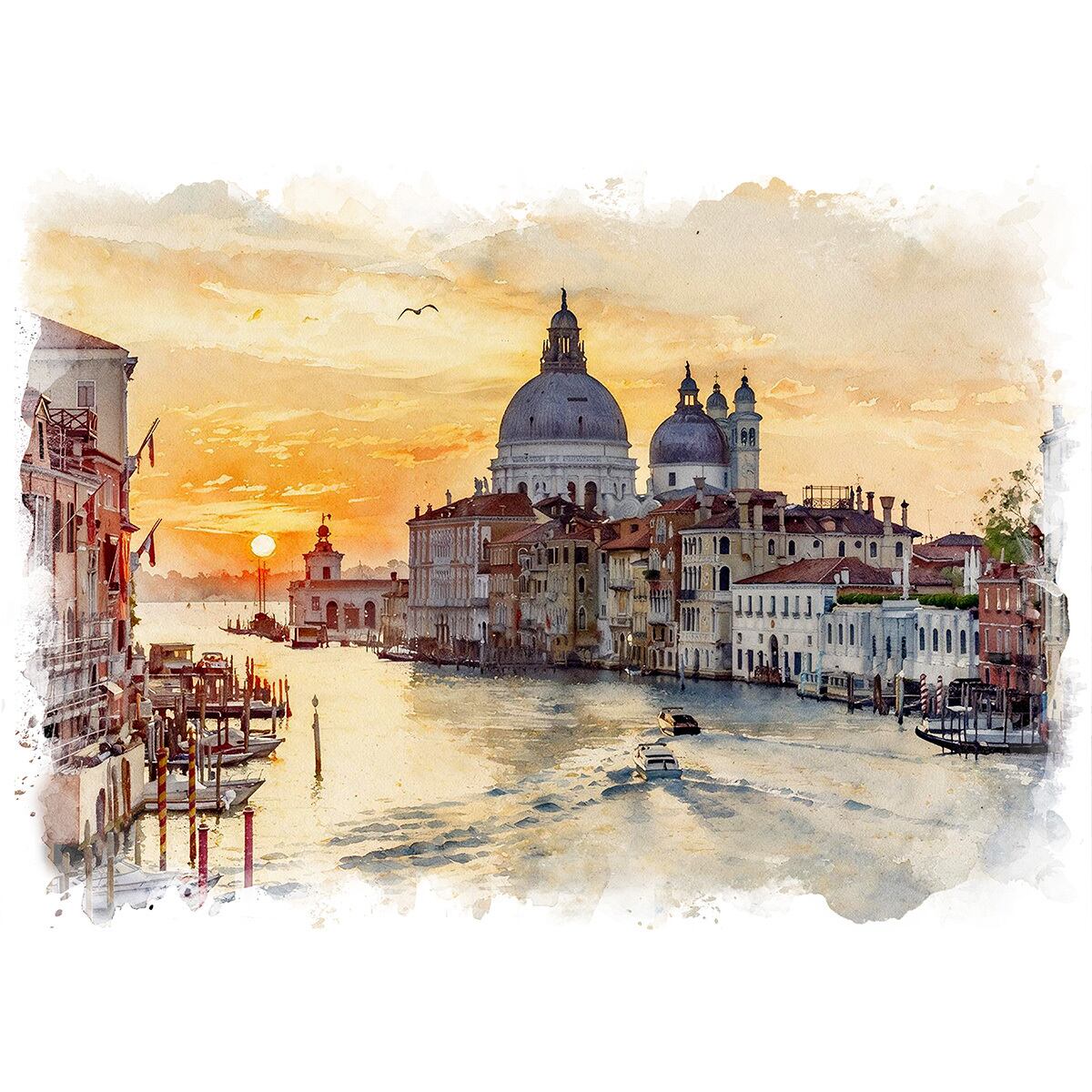絵画 イタリア 風景画 夕暮れのヴェネツィアの大運河(カナル・グランデ)から望むサンタ・マリア・デッラ・サルーテ聖堂 インテリアアート額付き 水彩画・油絵風 WAT2143