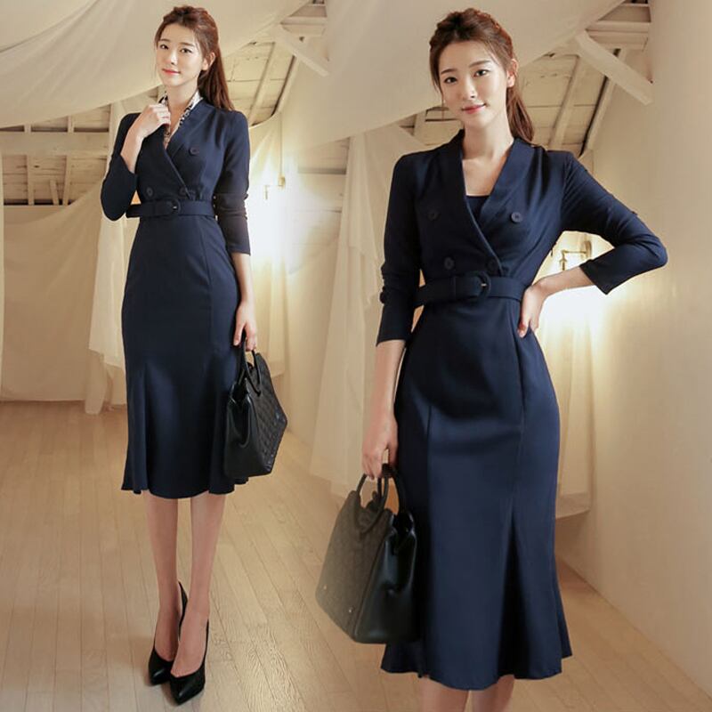 ワンピース 無地 Ol フォーマル 気質満点 通勤 ボタン ロングワンピース 洗練される ネイビー レッド S M L Xl Dresszone