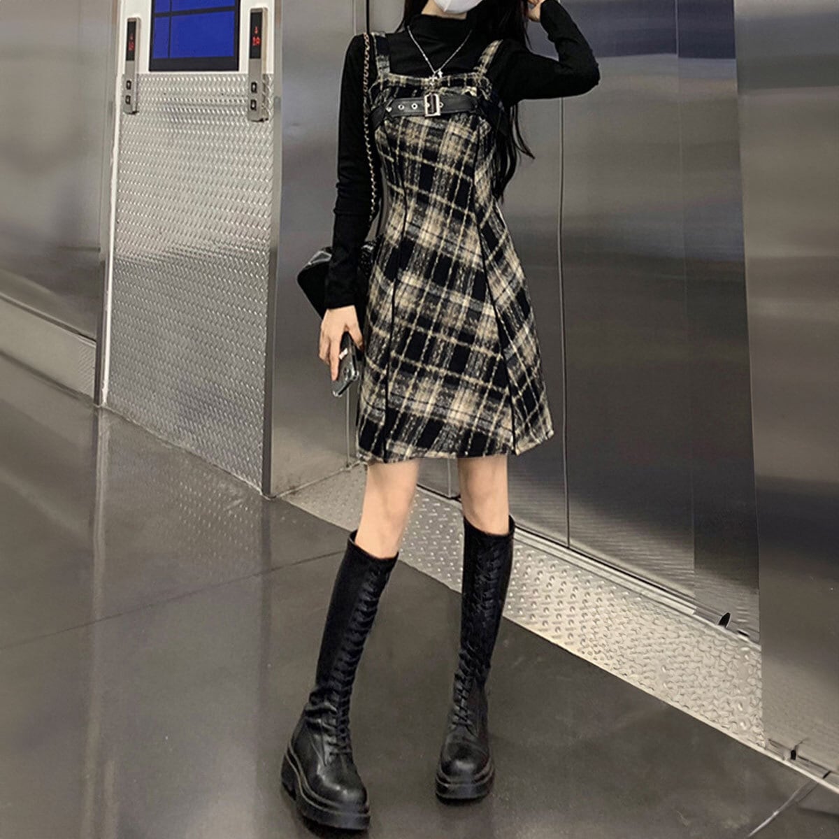 チェック柄 ワンピース 選べる2丈 ロング ショート レディース 春秋冬 韓国 キャミワンピース きれいめ おしゃれ 大人 かわいい カジュアル ジャンパースカート ミニワンピース ロングワンピース 大人可愛い 大人女子