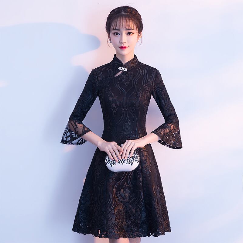 チャイナドレス ワンピース ドレス 改良型チャイナドレス チャイナ風服 スタンドネック 五分袖 膝丈 エレガント 着痩せ 上品 大きいサイズ S M L Ll 3l レース 刺繍 ブラック 黒い Elegant