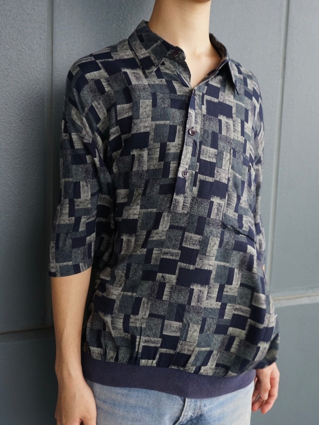 ALAN STUART Navy Gray Abstract Geometric Pattern Short Sleeve Shirt