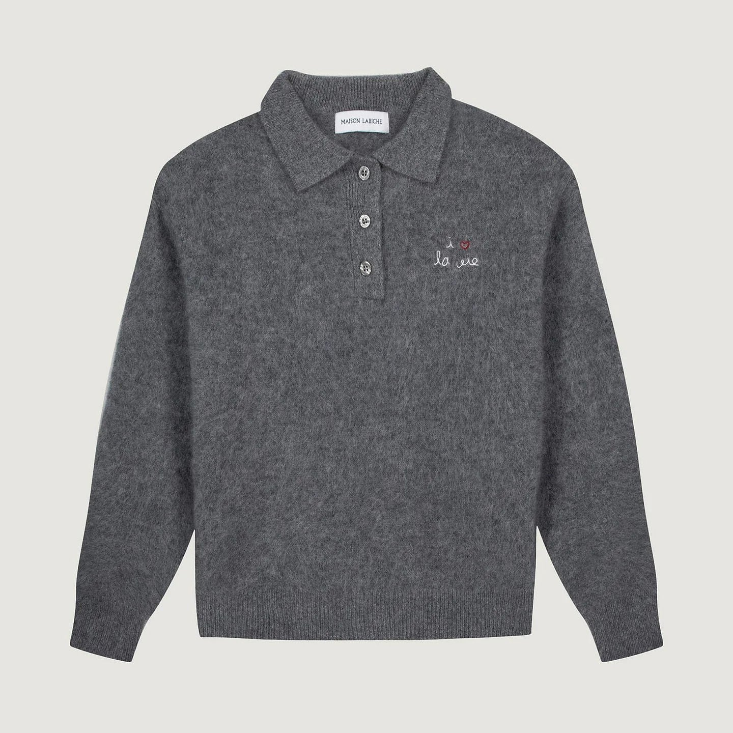 MAISON LABICHE I LOVE LA VIE POLO SWEATER DARK HEATHER GREY