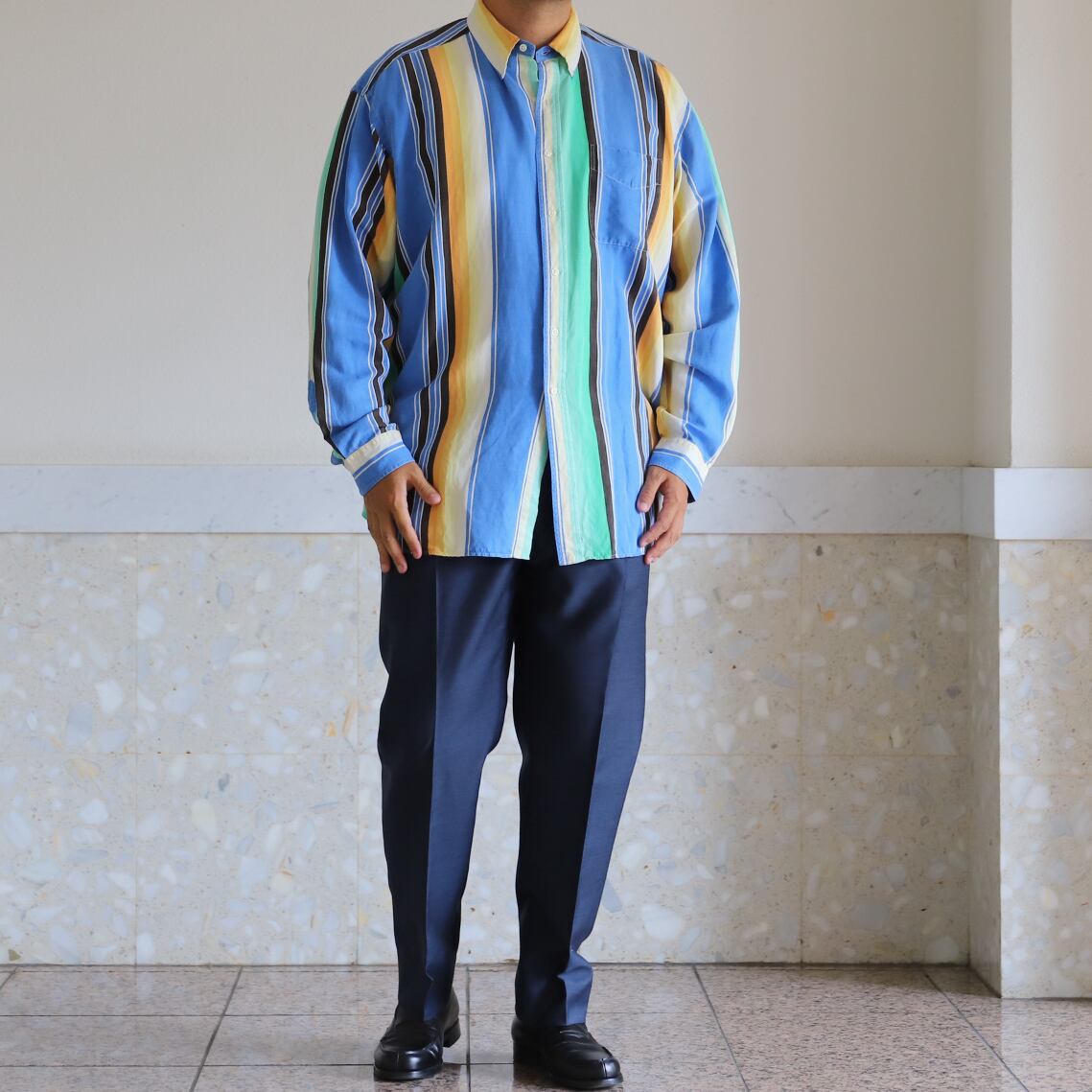 極美品】80s Ralph Lauren special silk linen shirt Blue