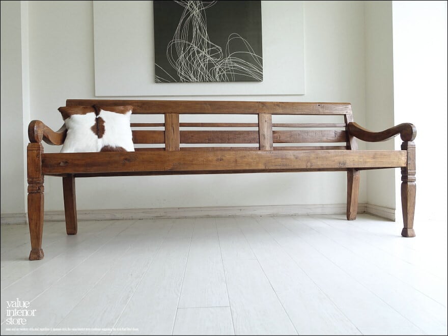 チーク無垢材 ヴィンテージソファAntika 長椅子 3人掛け トリプルソファ ソファー ベンチ アンティーク 一点物 再生家具 世界三大銘木 W195cm