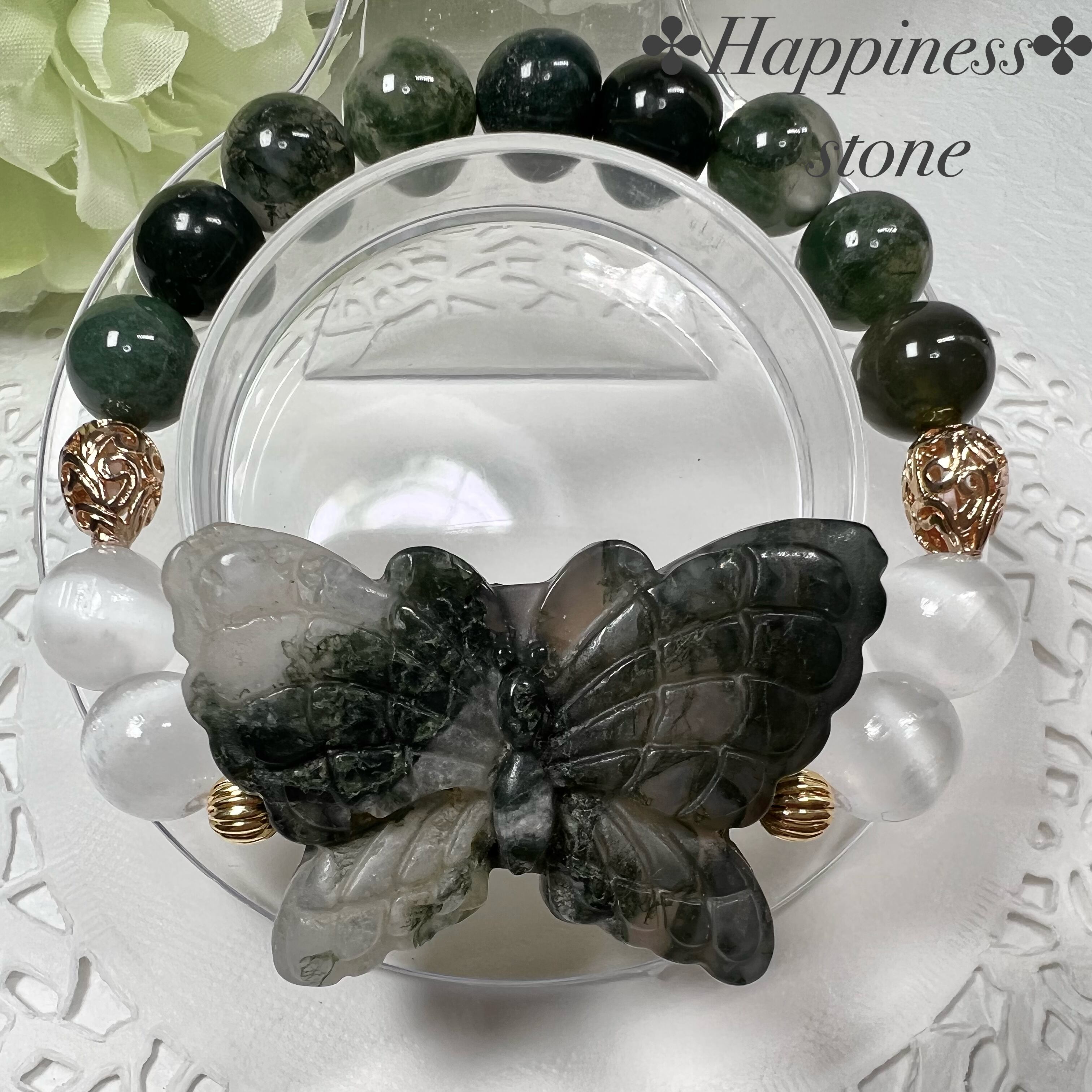 【モスアゲート蝶々ブレスレットεïз゜】♥送料無料♥天然石 パワーストーン