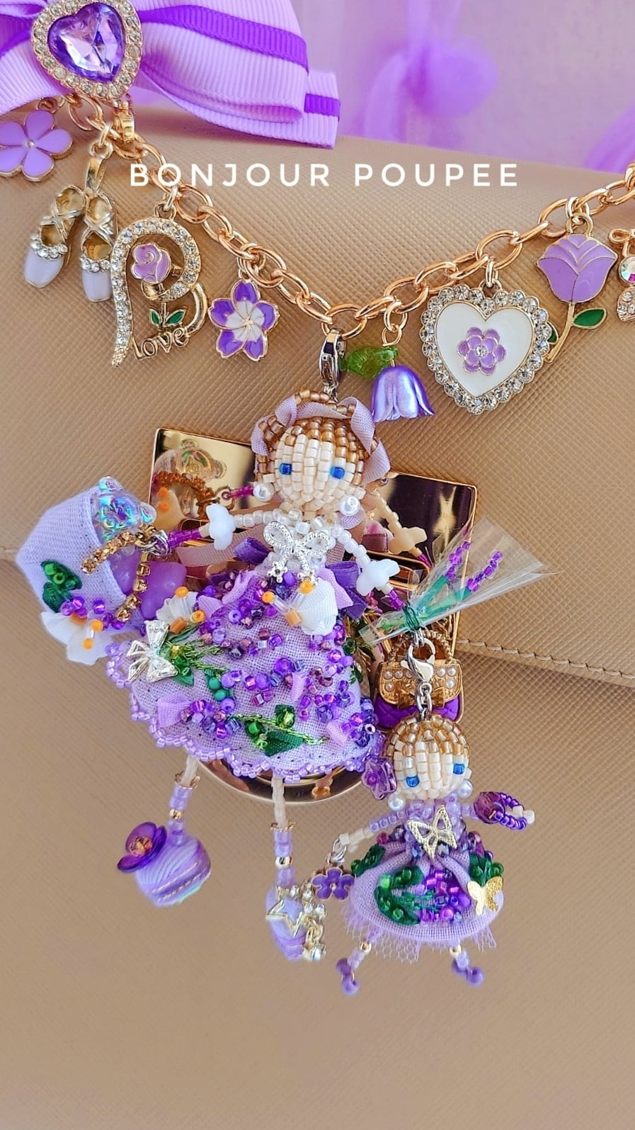 ラベンダーカラー❤️親子コーデ❤️ハンドメイド♡ドールチャーム ✨親子のデラックスラベンダーちゃんチェーンBAGチャーム&アイス