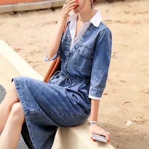 【送料無料】 ロングワンピ 長袖 Vネック 襟付き Aライン フレア プルオーバー デニム 可愛い 大人可愛い きれいめ シンプル カジュアル コンサバ 華やか 大人 上品 おしゃれ お洒落 主役級 こなれ感 高見え 無地 春 秋 レディース 女性用 20代 30代 40代 デート お出かけ 女子会 お呼ばれ 休日 お茶会 授業参観 着回し 普段使い ファッション コーデ スタイル 楽ちん 体型カバー 垢抜け ママ服