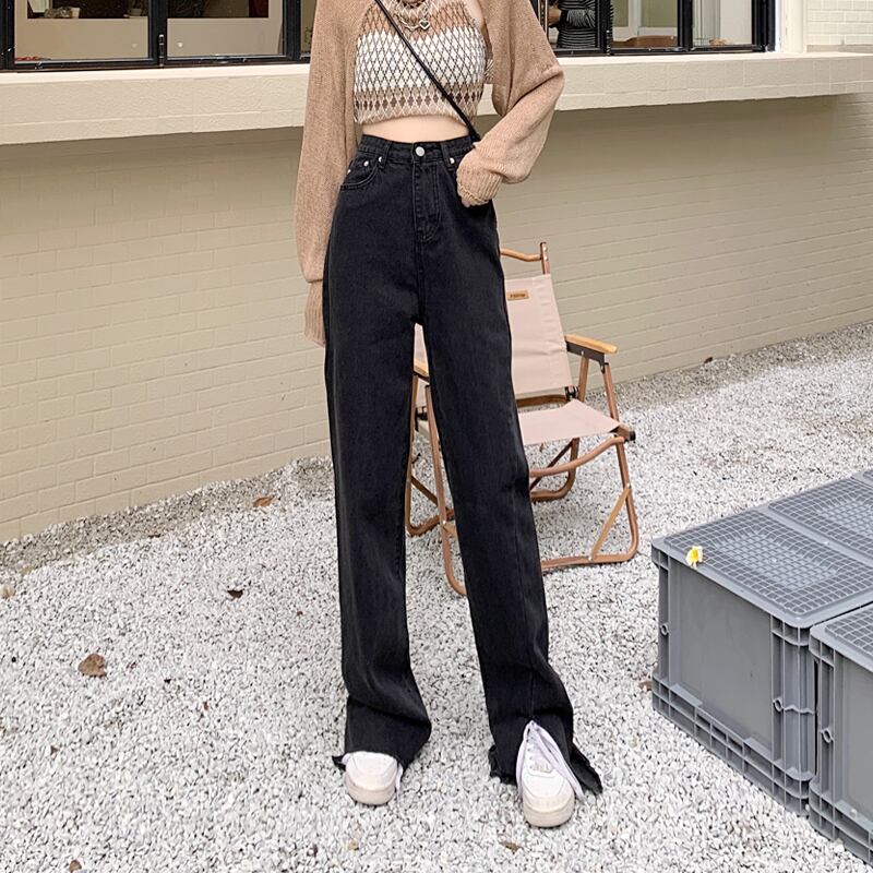 スプリングオータムブラックジーンズ ルーズパンツ ワイドレッグ 春物 秋物 ワイドパンツ 試着室67629984966