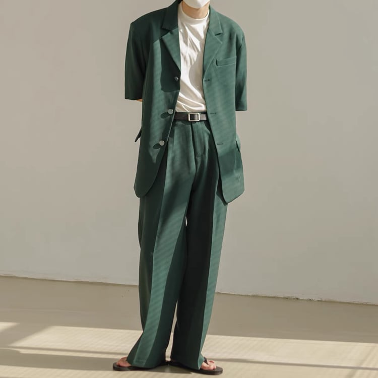 韓国メンズファッション フルジップセットアップ 大人 きれいめ 韓国メンズファッション】ショートスリーブジャケット×ワイド
