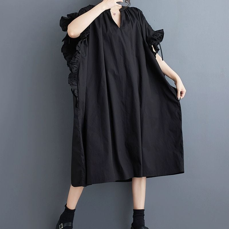 BLACK SPLIT NECK FRILLED SLEEVES WIDE A-LINE MIDI DRESS 1color M-9418