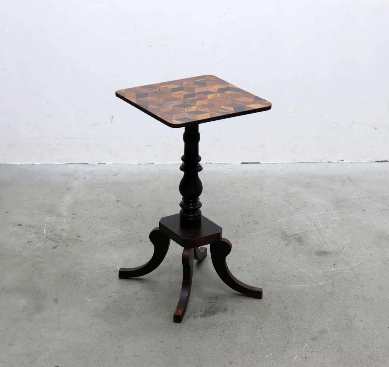 ヴィンテージ 寄木 幾何学模様 サイドテーブル ゲームテーブル 跳ね上げ式 猫脚 アンティーク