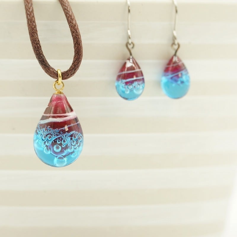 しずくピアス・イヤリング／ピンク・ターコイズ【琉球ガラス工房 雫