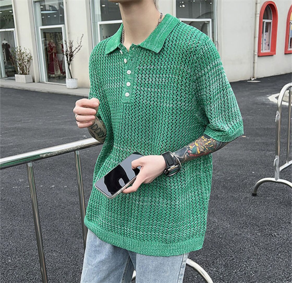 ポロシャツ サマーニット メンズ トップス 半袖tシャツ 無地 Tシャツ 透かし編み 涼しい 透ける レイヤード 春服 夏 夏服 おしゃれ ゆったり ビックシルエット ヒップホップ メンズファッション 大人 オフィス カジュアル 通勤 通学 送料無料