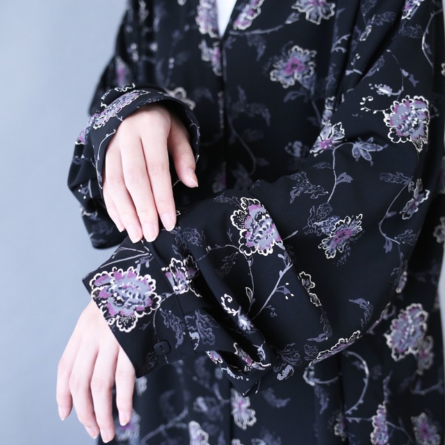 flower art pattern over wide silhouette open collar shirt