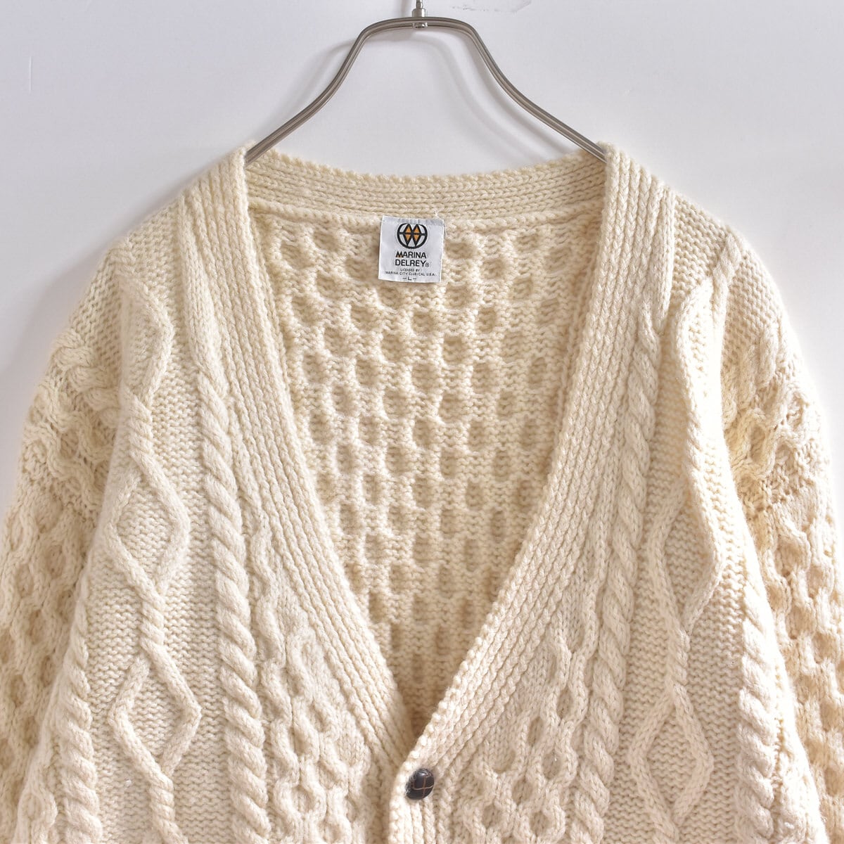 80s~ MARINA DELREY アラン模様 フィッシャーマンニット カーディガン ヴィンテージ ケーブル編み セーター ビンテージ メンズL~XL相当