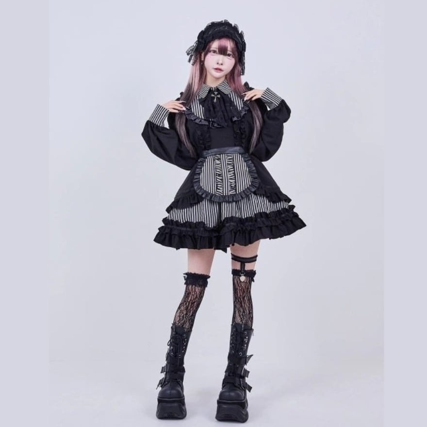 ゴスロリ メイドフリルドレス ストライプエプロン ゴシックデザイン