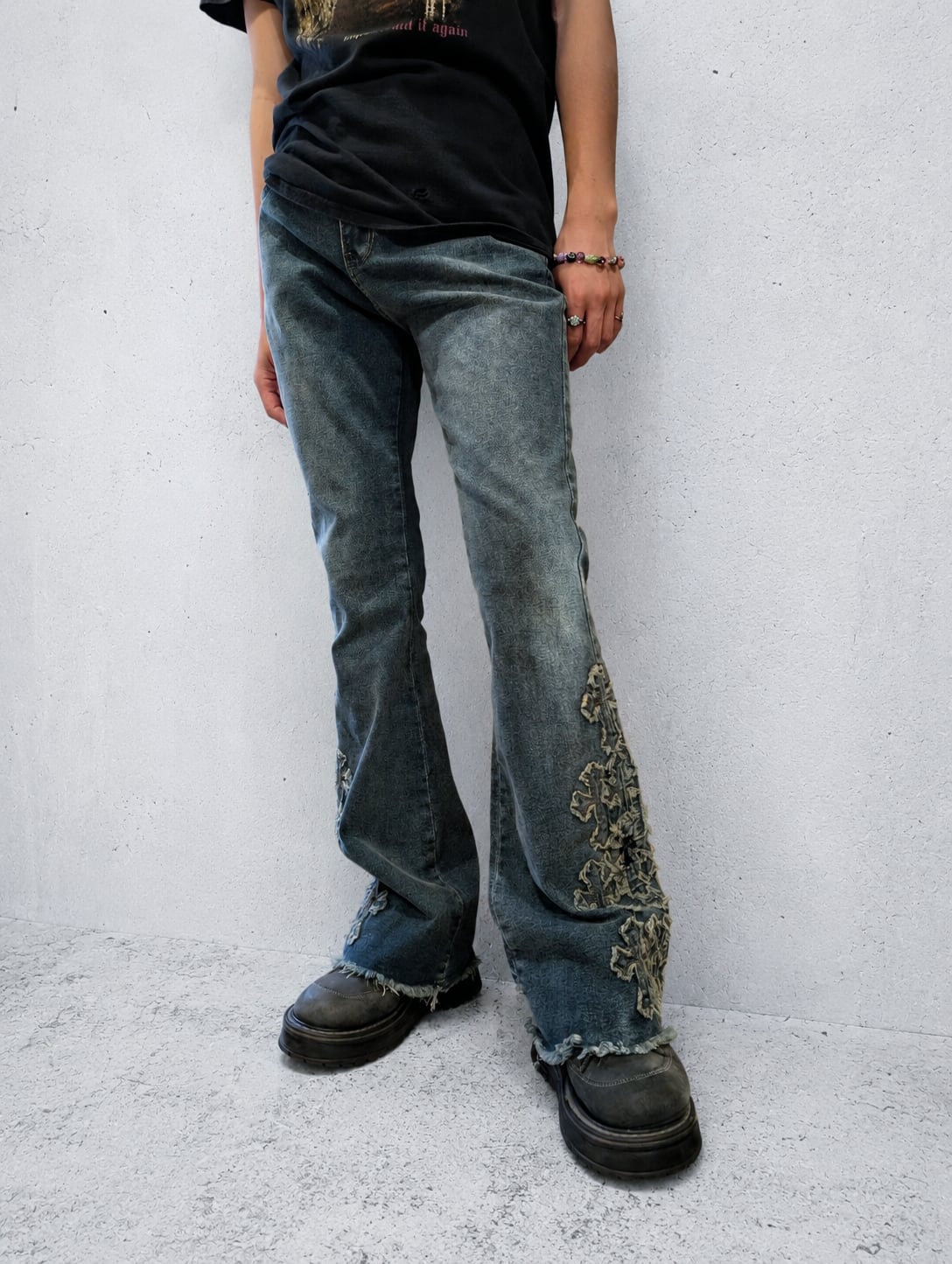 "CROSS DESIGN" flare denim pants