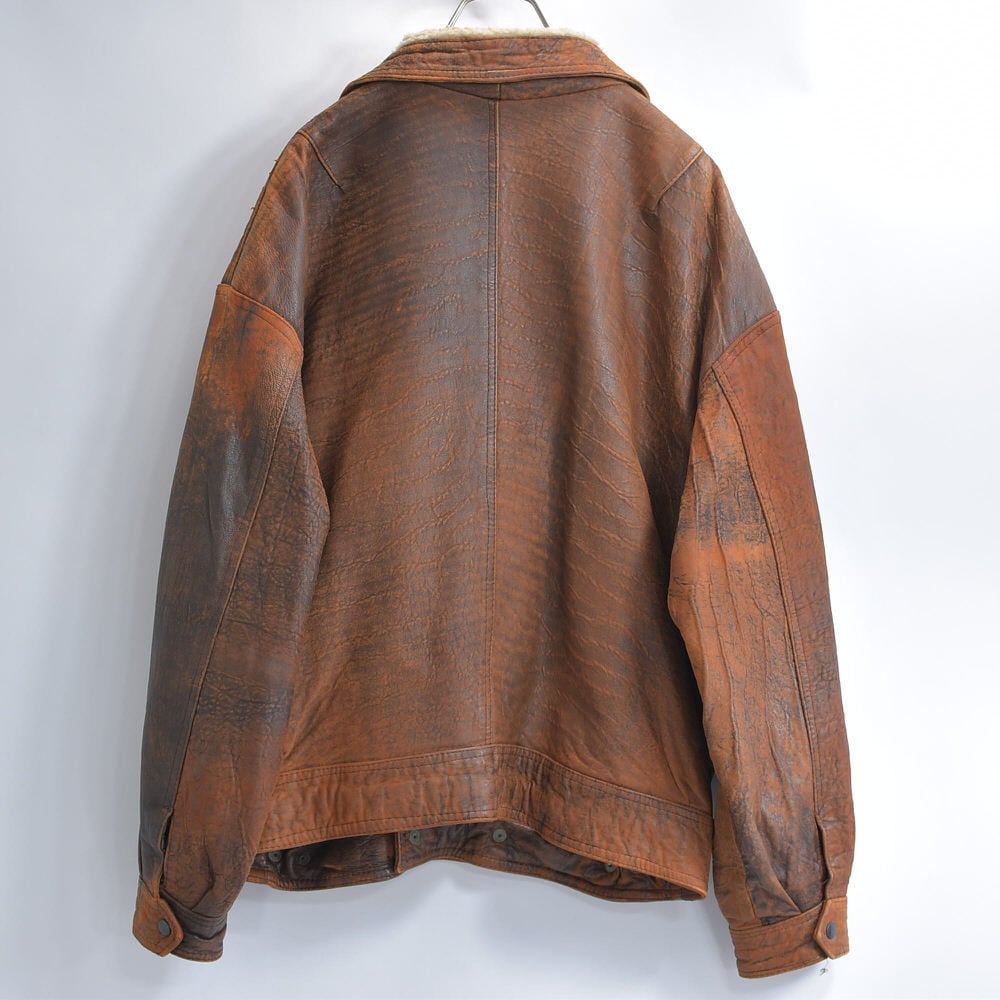 【激レアカラー】80s-90s ビンテージレザージャケット vintage 80～90s Aging design エイジング加工 変形ダブルブレスト ボア