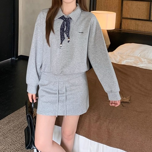 【2点セット】2色／ポロカラースウェットプルオーバー＋ドロストウエストミニスカ ・72143