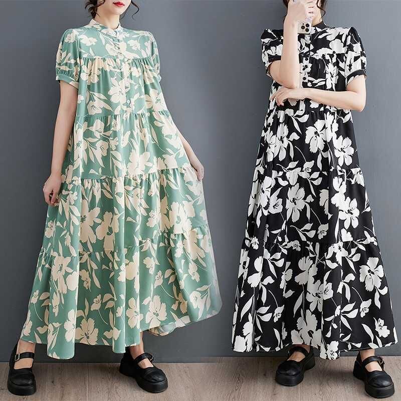 FLORAL PRINT PUFF SLEEVE TIERED SHIRT DRESS M-17234
