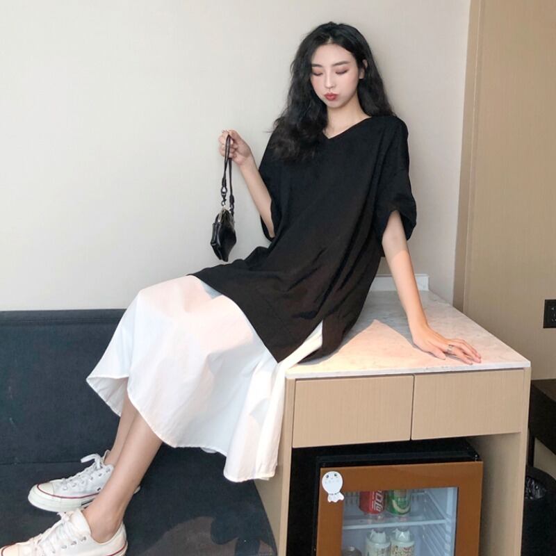 ドレス スプリングサマールーズカジュアルVネックブラックホワイトスカート 春物 夏物 ステッチ 1号婦人18348100737