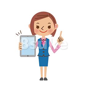 イラスト素材:タブレット端末を持つ事務職の女性(ベクター・JPG)