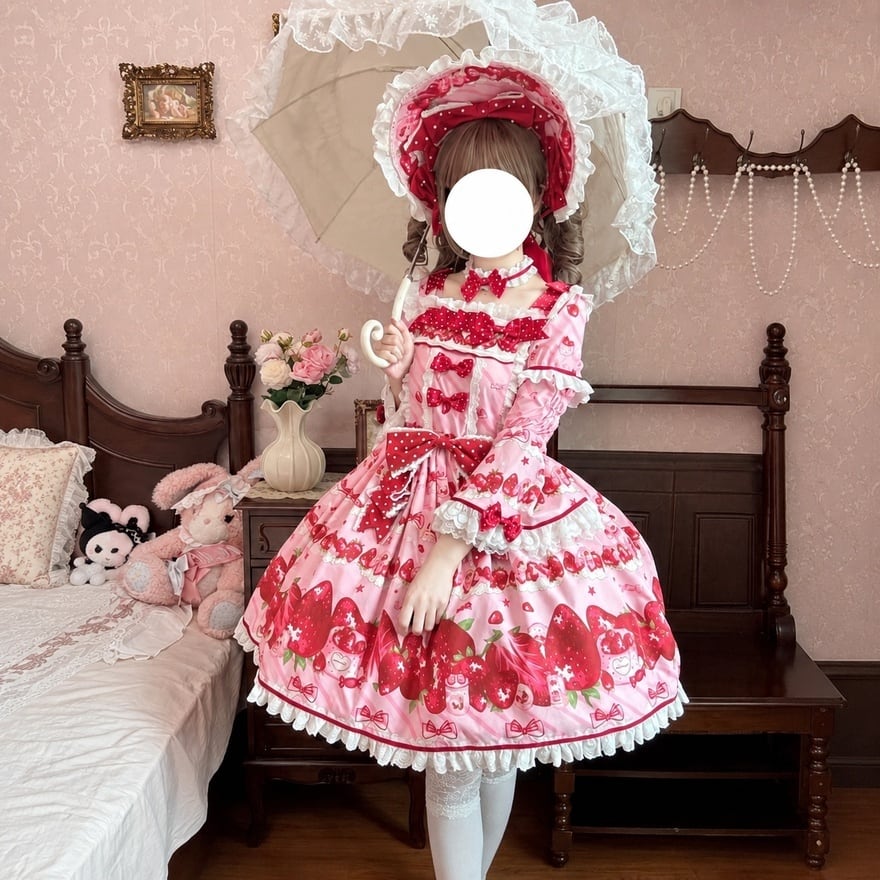 苺姫のティータイム 赤リボンいちご柄姫袖レースフリル甘ロリワンピース