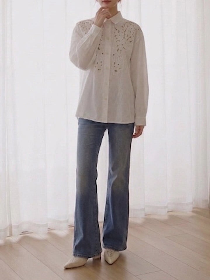 ●flower cutwork embroidery design linen & cotton shirt