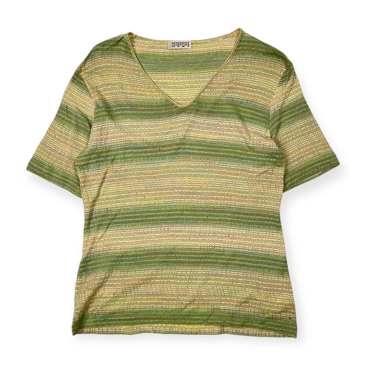 イタリア製 MISSONI SPORT ミッソーニスポーツ ボーダー Vネック 半袖 サマー ニット セーター 44/グリーン系 レディース