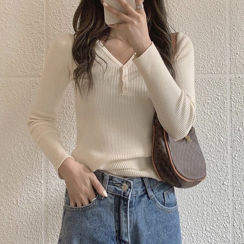 Vネックタイトフィットホワイト長袖ニットセータートップレディース2020秋新レトロ優しい風インナーベースシャツ ブラックストロベリース72136901488