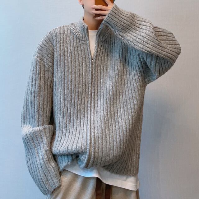 【予約販売】カーディガン ニット セーター スタンドカラー 無地 ジップアップ メンズ グレー 灰色 こなれ感 ストリート お洒落 韓国 トレンド 秋冬 M/L/XL/2XL