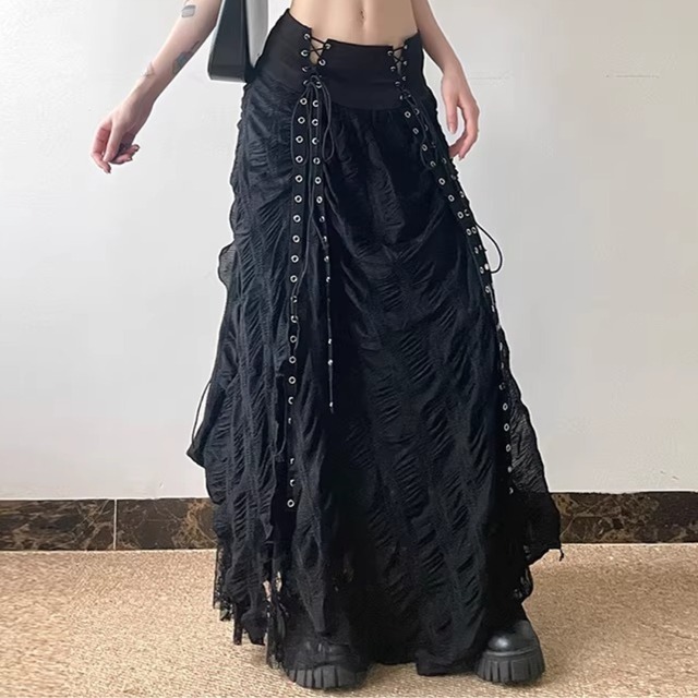 High-Waist Slimming A-Line Lace Mesh Maxi Skirt (ME213)