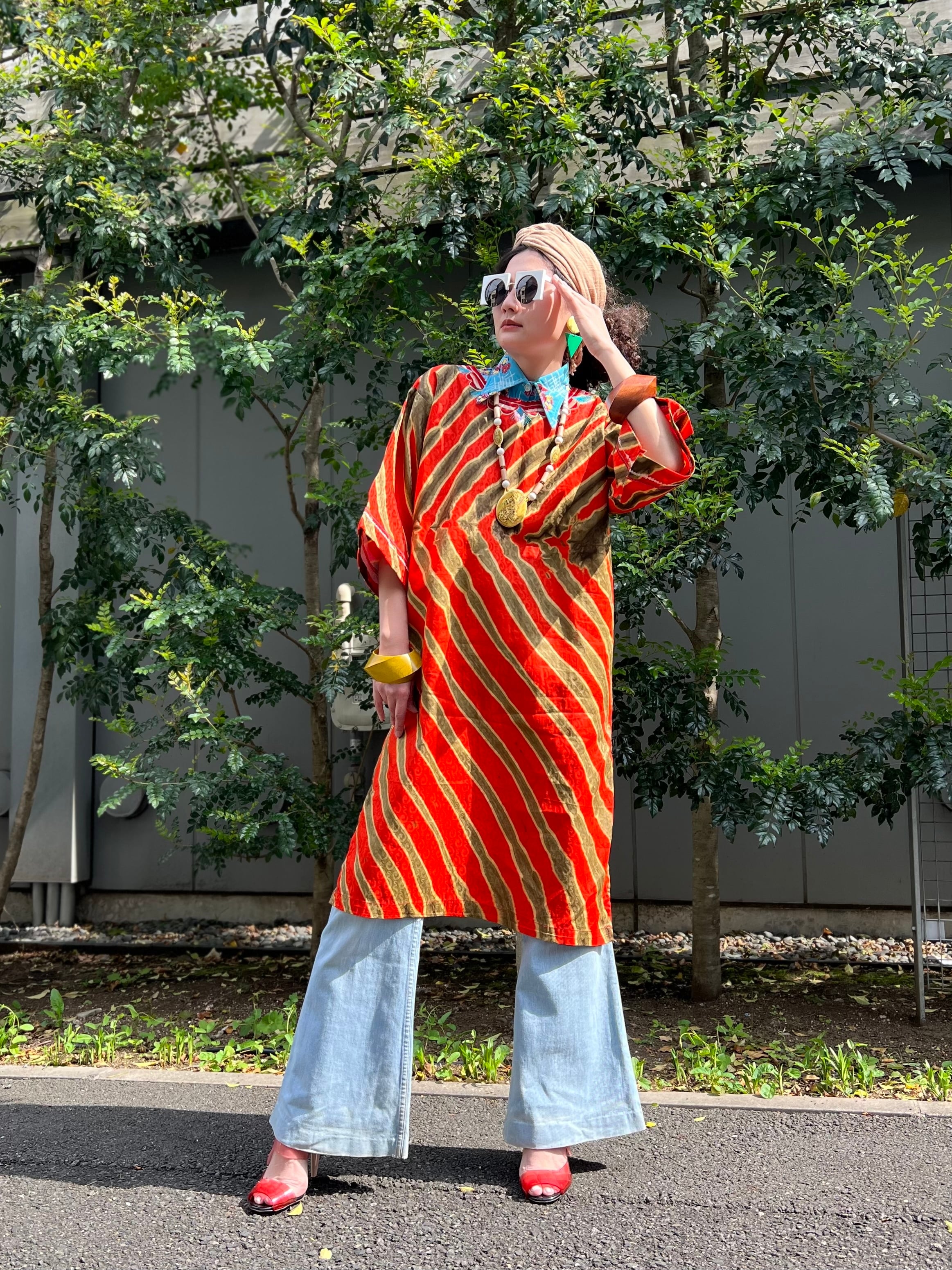 Vintage african batik orange cotton dress ( ヴィンテージ