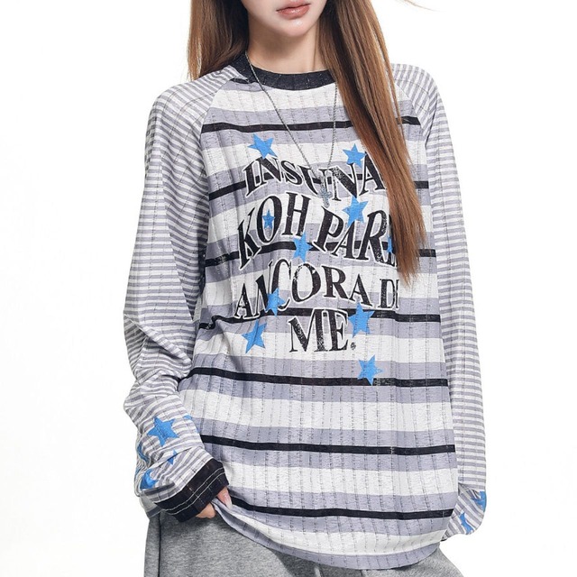 スターモチーフチェックボーダーグラフィックロングスリーブTシャツ 2col R02567