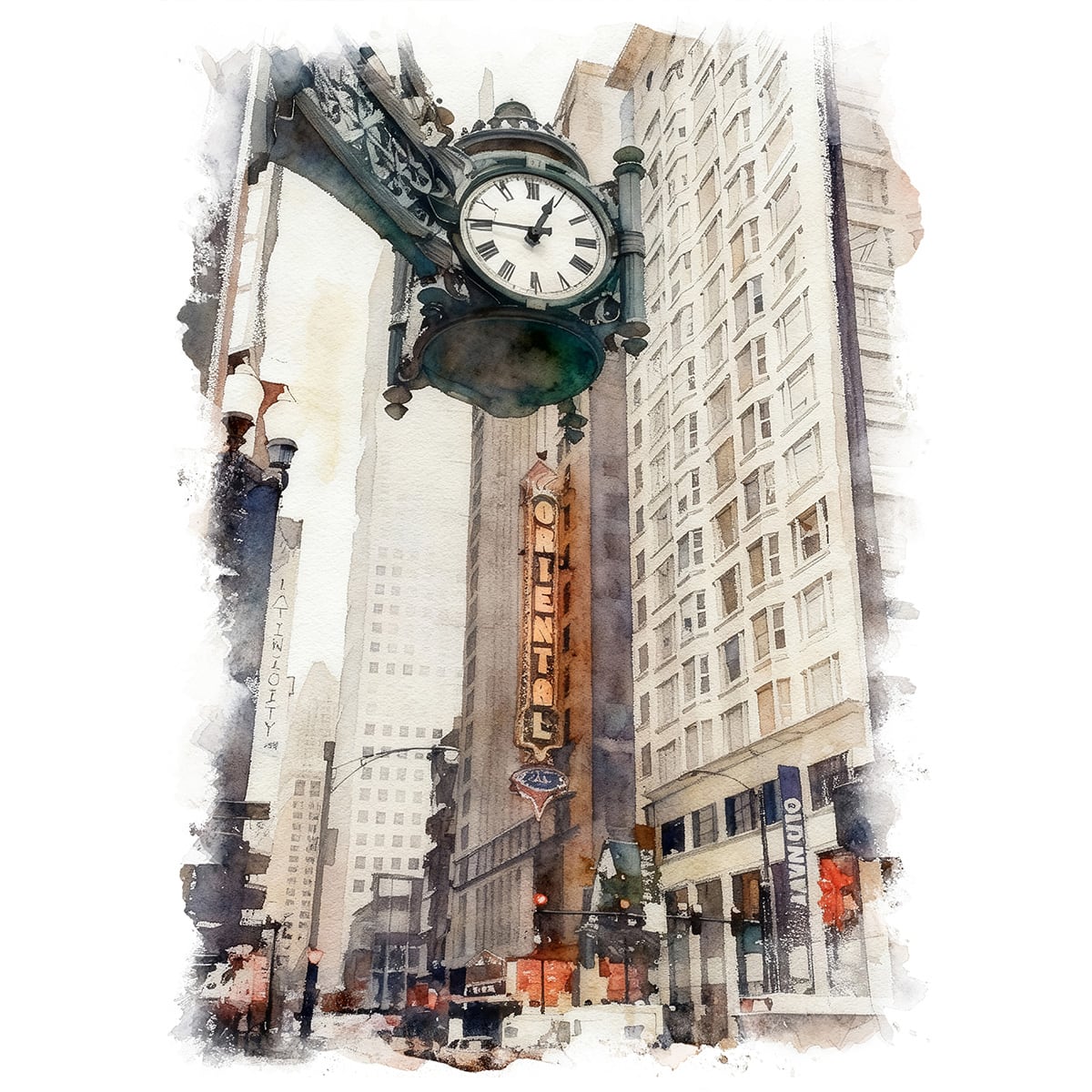 絵画 風景画(街並み) アメリカ シカゴ ステート・ストリート インテリアアート額付き 水彩画・油絵風 WAT1056