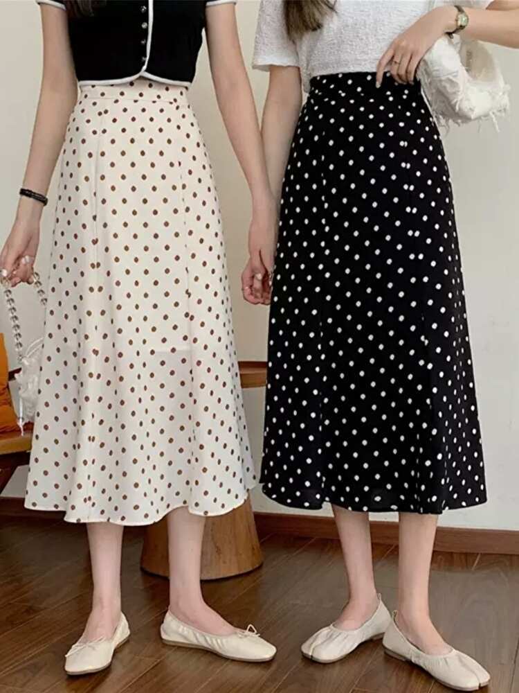 シンプルなデザインで使いやすい ミモレ丈ドットスカート ハイウエスト ベージュ ブラック 春 夏 韓国 大きいサイズ CH8446