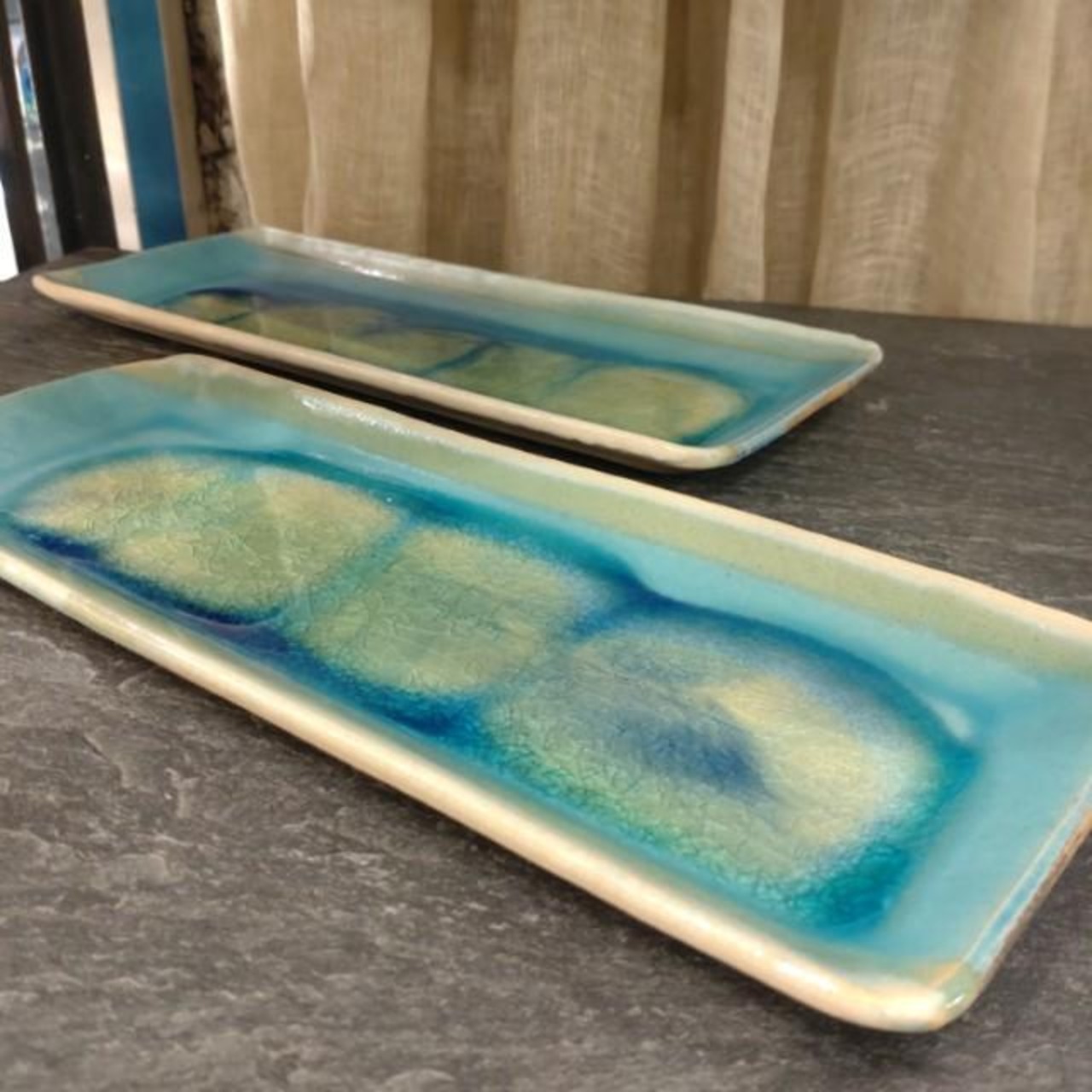 [Mashiko Ware] Mashiko Ware Rectangular Plate Turquoise Grilled Fish Sushi Sashimi Meal Made in Japan